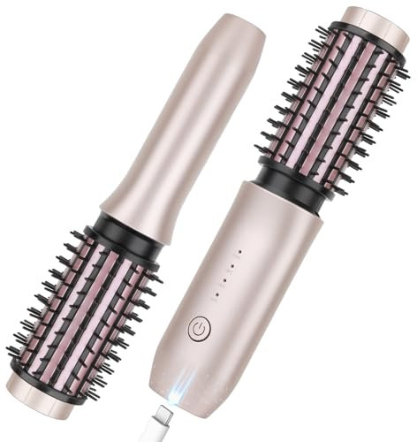 Cordless Curling Iron Brush, 2025 New Portable Travel Curling Iron Mini Brush for Women, 7000Mah USB Rechargeable Curling Wand with Negative Ion, Pink