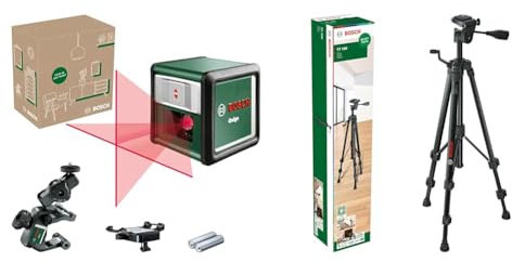 Bosch Kreuzlinienlaser Quigo mit Universalklemme MM 2 und Premium-Stativ TT 150 (flexibles und präzises Ausrichten dank Klemme und höhenverstellbarem Stativ von 55-157 cm, im Karton)