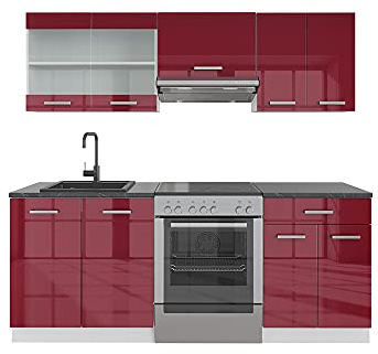 Vicco Küchenzeile R-Line, Rot Hochglanz/Weiß, 200 cm ohne Arbeitsplatte, zur individuellen Erweiterung mit zusätzlichen Modulen geeignet