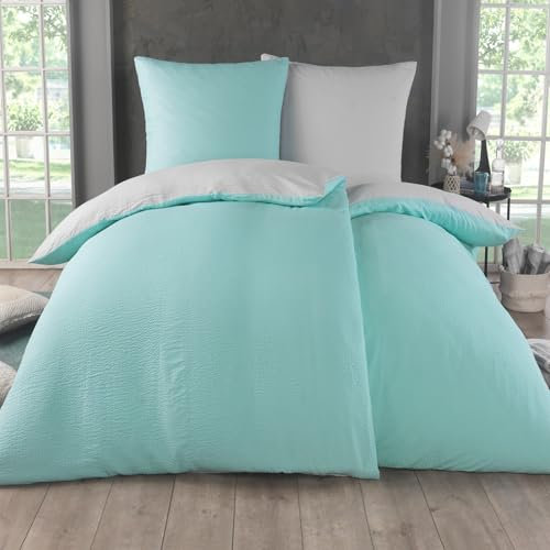 Kuscheli 4 teilig Dreamhome Uni fein Seersucker Wende Bettwäsche Bettbezug für Bettdecke Kissenbezug 80x80, Farbe:Mint-Silber, Größe:2X 135x200 + 2X 80x80 cm