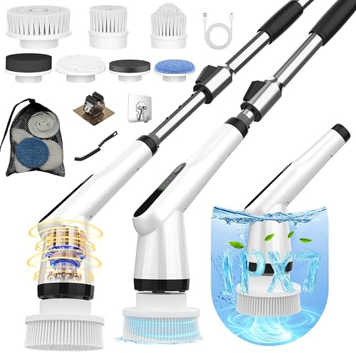 Electric Spin Scrubber, Dreazu IPX7 Shower Scrubber with 7 Replaceable Brush Heads & Retractable Handle, 2-Speed Adjustable Shower Cleaner for Bathroom, Bathtub, Kitchen, Tile Floors