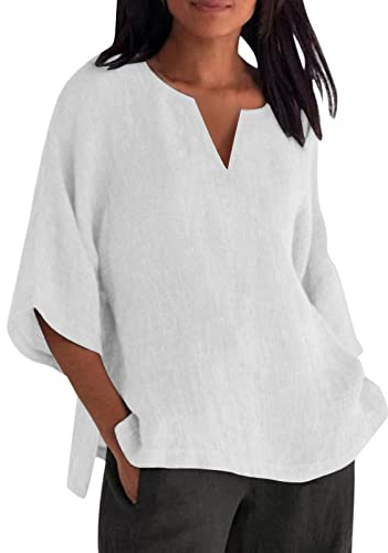 Tops en Lin en Coton, Vetement Femme Chic, t Shirt Blanc Femme, Chemise en Lin féminine, T-Shirts surdimensionnés pour Les Femmes, Manche Longue Femme, Blouse Fete Femme, Chemise en Lin aux Dames