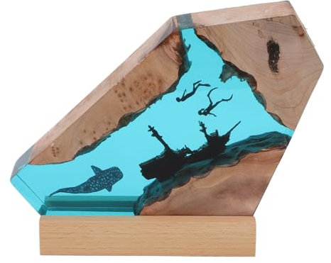 Fockety LED Ocean Night Light, Creative Resin Wood Light Lamp, 6 Levels Brightness Adjustment Diver Ocean Lamp, Deep Sea Cave Diving Nightlight for Bedroom Office Decoration