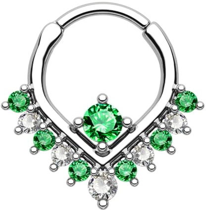 OUFER 16G 8 mm Piercing Daith Helix Cerchio V Forma Setto Anello Clicker Acciaio Chirurgico Argento Cartilagine Orecchini Zircone Verde Conch Trago Rook Donna Uomo
