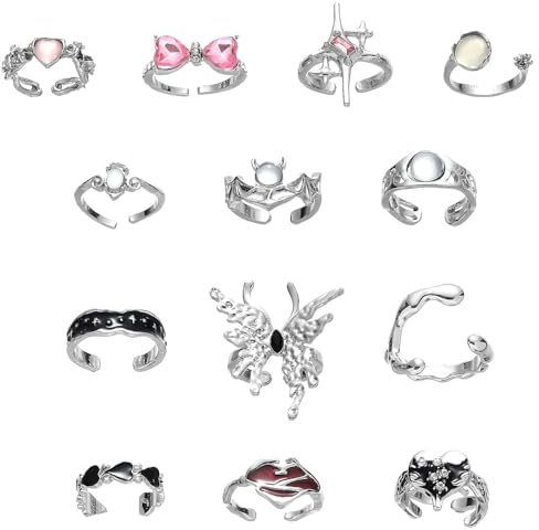 HTTDSLF Förpackning med 12 Y2K-ringar för kvinnor flickor, vintage punkringar set för män kvinnor, gotiska staplingsringar, boho-ringar för estetiska och grunge-stilar, perfekt för stapling