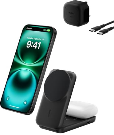 Belkin UltraCharge 2-in-1 Wireless Charger 25W, Qi2.2 Certified MagSafe Compatible Charger, Charging Station for iPhone 17, Air, AirPods, Pixelsnap, Magnetic Stand with USB-C Port, 45W Adapter - Black