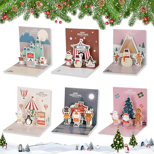 AIZHAZHA 6 Tarjetas Navidad 3D con Sobre y Pegatinas, 11 X 11 cm Felicitaciones Tarjetas Navidad Originales, Postales Navidad Plegables, Christmas Cards para Familiares y Amigos Niños