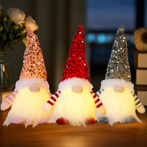 KQWVZ 3PCS Light Up Gnome Christmas Decoration, Christmas Gonks With Light, Handmade Swedish Santa Gnome with Glitter Hat, Gonk Elf Ornaments for Indoor Holiday Home Office Table Decorations