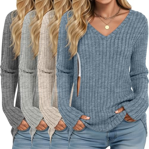 Yearntown 4 Pack Women's Maternity Nursing Tops, V Neck Breastfeeding Sweaters Long Sleeve Hidden Zipper Shirts(Dark Gray, Light Gray, Apricot, Blue,Medium)
