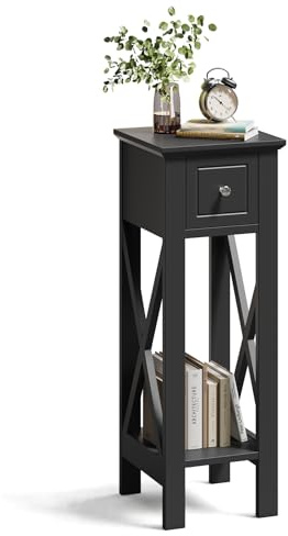 Warmiehomy Slim Side Table Narrow End Table with Drawer and Storage Shelf Nightstand Snack Books Bedside Table Small Tables for Small Table Bedroom Office Entryway Living Room(25x25x70cm/Black)