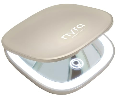 Nyra Espejo LED de Viaje Recargable – 3 Modos de Luz y Brillo Regulable, Aumento x1 y x3, Batería 400mAh, Carga Tipo C, Compacto y Portátil para Maquillaje