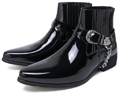 HHMYJUQA Stivali Chelsea da uomo in pelle verniciata, a punta, con fibbia e dettaglio a catena, stivali Rockstar western, Nero , 41 1/3 EU