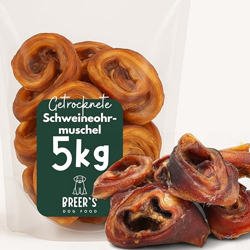 BREERs Conchas de cerdo secas para perros, 5 kg, de fabricación propia alemana, artículos para masticar para grandes y pequeños, artículos para masticar de cerdo, sin cereales, aperitivos para