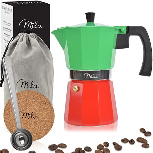 Milu Espressokocher (No Induktion) | 2, 3, 6, 9 Tassen | Aluminium Mokkakanne, Espressokanne, Espresso Maker Set inkl. Untersetzer, Löffel, Bürste (Italia, 6 Tassen (300ml)
