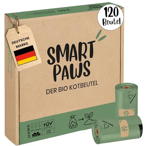 SMARTPAWS Hundekotbeutel biologisch abbaubar (heim- kompostierbar)| 120 zertifizierte Kotbeutel für Hunde | Extra starke Hundebeutel für sensible Hunde – Hund