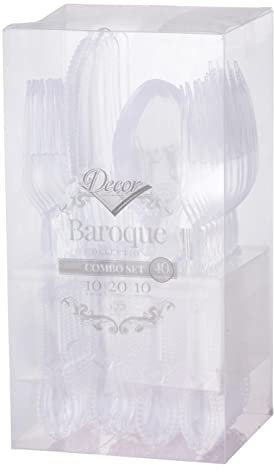 Decor Decorline - Set di posate in plastica robusta riutilizzabile - 40 pezzi - Ciascuno con 20 forchette, 10 coltelli, 10 cucchiai - Collezione Baroque - Trasparente