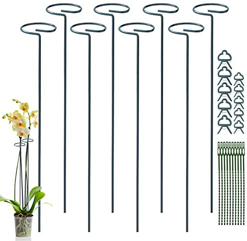 JIALWEN 8 Pack 60cm Plant Support Stakes, Garden Single Stem Metal Plant Support Stake with 10 Plant Ties and 10 Plant Clips for Flowers Tomatoes Lily Peony Rose Flower Stem