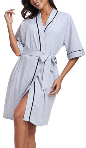 COLORFULLEAF Bademantel Baumwolle Damen Leichter Kuscheliger Kurzer Bademantel Mit Gürtel V-Ausschnitt Kimono Bademäntel(Grau,M)