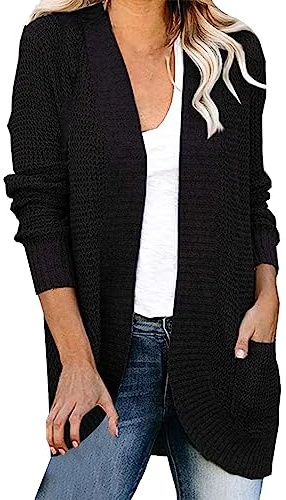 Cárdigan largo para mujer, cárdigan para mujer con bolsillo, chaqueta delgada de longitud media, chaqueta de otoño de manga larga, cárdigan ligero elegante monocolor abrigo de punto abierto, Negro