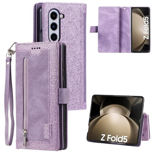 EYZUTAK Wallet Phone Case for Samsung Galaxy Z Fold 5, Retro Matte 9 Card Holder Slots Zipper Pocket Case PU Leather Magnetic Closure Kickstand with Wrist Strap Folio Flip Case - Purple