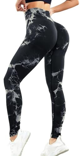Lishang Leggins Deportivos Mujer Push Up Mallas Mujer Deporte Cintura Alta Mallas Deportivas Conjunto Fitness para Gym Entrenamiento Yoga Jogging B Tie-Dye Negro L