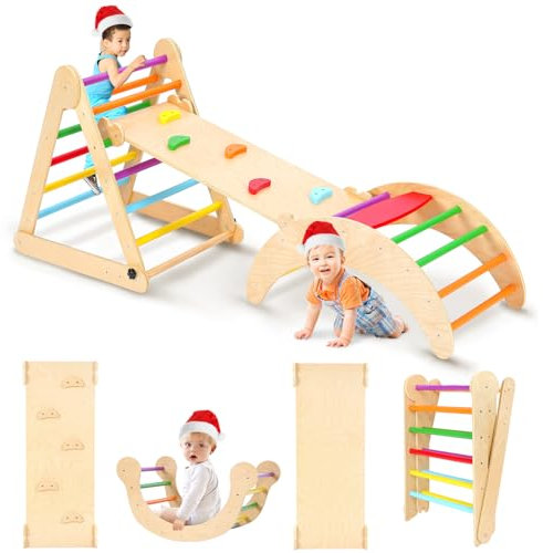 YOLEO Arrampicata per Bambini, Triangolo di Arrampicata Pieghevole con Scivolo ad Arco, Palestre Montessoriano e Arrampicata Indoor per Bambini (Arcobaleno)