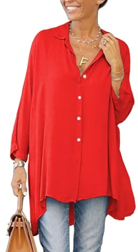 Cicy Bell Camicetta da Donna con Scollo a V T-Shirt a Maniche Lunghe in Raso con Bottoni Top a Tunica Casual, Rosso, S