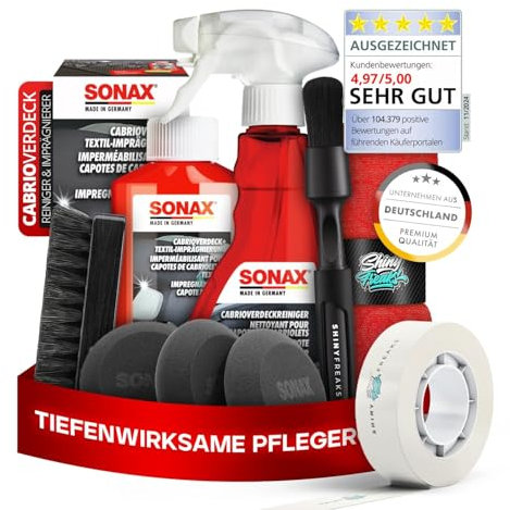 SONAX CabrioverdeckReiniger + Cabrioverdeck Textil-Imprägnierung I Premium Cabrio-Reinigungs-& Imprägnierspray für alle Verdeckarten I Für eine intensive Reinigung & schonende Pflege I 9-teiliges Set