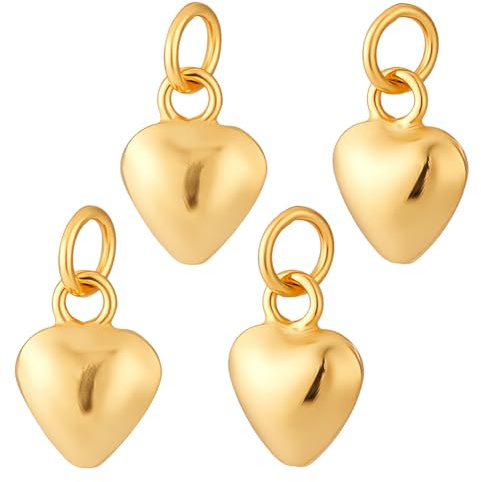 AHANDMAKER 4 stycken 925 hjärthänge i sterlingsilver gyllene puffhjärta hänge med böjringar kärlek hänge för smyckestillverkning gör-det-själv halsband armband