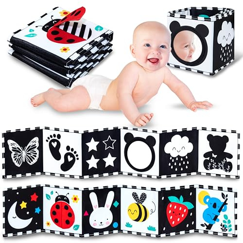 WELLODE Livre Tissu Bébé Eveil 0 3 6 12 Mois - Livre Noir et Blanc Bébé Montessori - Livre Sensoriel Bébé Naissance - Jeux Eveil Bebe 0 3 6 Mois - Tummy Time Bébé - Cadeau Parfait pour Bébé