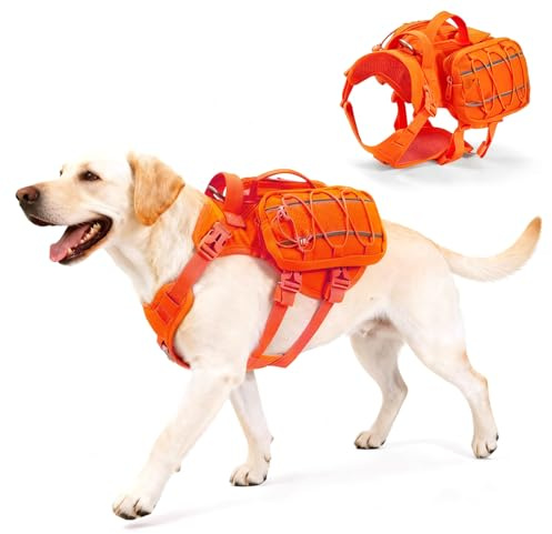 AOKOWN Large Dog Harness Backpack, No Pull Adjustable Dog Vest with Handle & Leash Ring, Lightweight Dog Backpack with Side Pockets for Walking, Training & Day Hikes, Orange, L