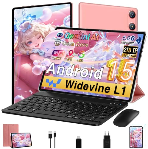 Android Tablette 10 Pouces 64Go ROM + 2To TF, Gemini AI, 1280*800 FHD IPS, 5MP + 8MP, Octa-Core Veille Extra Longue, 5G WiFi, Widevine L1, Face ID, GMS, Bluetooth 5.0, Tablette avec clavier - Or Rose
