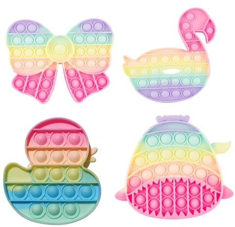 ZPLASK 4PCS Pop Its Fidget Popper Set, Durable Poppits Fidgets, Sensory Popit with Duck Swan Whale Bow Designs Anxiety Autism Stress Relief, Christmas Birthday Gift for Adults