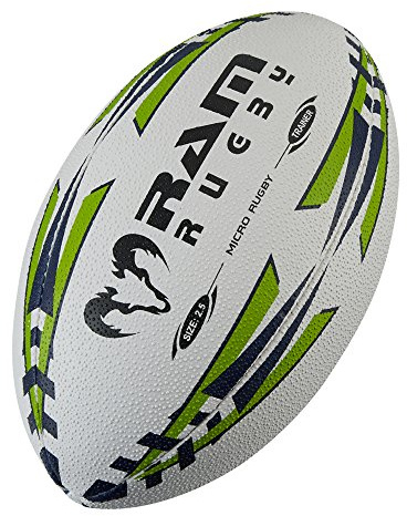 Ram Rugby - Squad Training Micro Rugby Ball - Size 2.5-3-D Grip for Passing & Catching - Suitable for Ages 3-6 - Same Construction as Regular Ball - Colour: Lime Green and Navy