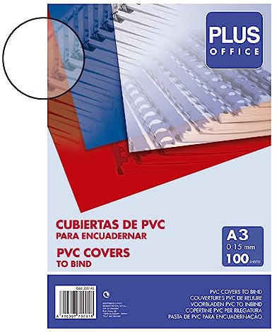 Plus Office - Portadas para Encuadernar de PVC, 150 micras, Pack de 100 unidades, Cubiertas de Encuadernación de Plástico Color Transparente, Formato A3