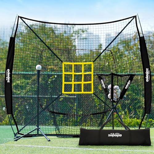 Zupapa Baseball Softball Practice Combo - 7 X 7 Feet Net Tee Caddy 12 Pack Baseballs Set, Upgraded Vivid Strike Zone, Baseball Backstop Practice Net for Hitting Pitching Batting Catching (Black)