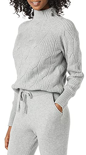 Amazon Essentials Suéter Trenzado Suave al Tacto con Cuello Embudo para Mujer, Color Gris Jaspeado, Talla S