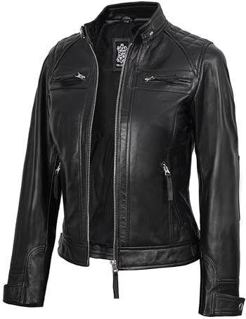 fjackets Chaqueta acolchada de piel auténtica para mujer, chaqueta de piel de cordero prémium estilo Cafe Racer para mujer, Johnson - Chaqueta de piel para mujer, color negro, Small