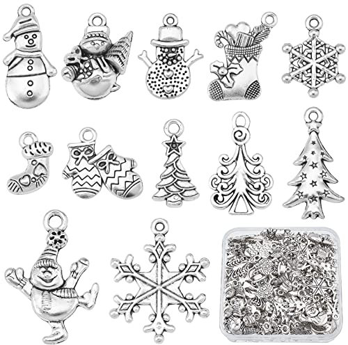 SUNNYCLUE 1 Box 120Pcs 12 Style Christmas Tibetan Style Charms Winter Theme Snowflake Pendants Antique Silver Snowman Pendants Metal Alloy Christmas tree Beads Bulk for Jewelry Making Charm DIY Craft