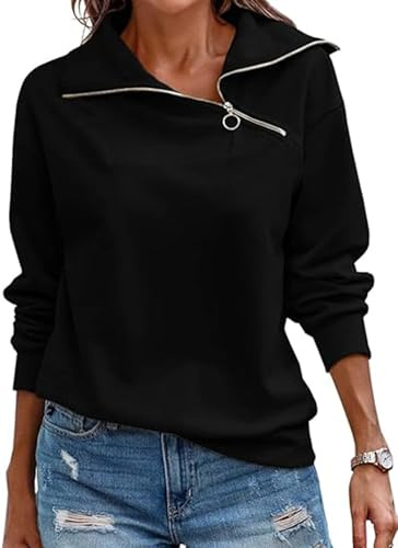 Cuptacc Sweatshirts for Women Autumn Long sleeved Women's Sportswear Casual Stand Collar 1/4 Zip Pullover Top Black, XX-large XXL 24-26