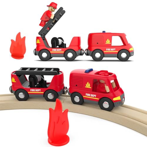 LiRiQi Holzeisenbahn Zug Feuerwehr-Löschzug, Eisenbahn Lok Kinder, Feuerwehr Leiterfahrzeug mit Licht und Sound, Zugset Spielzeug kompatibel mit Thomas, Brio, Spielzeugauto für Kleinkind Junge Mädchen