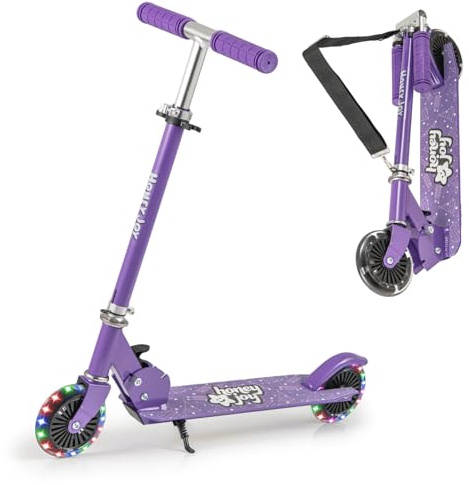 COSTWAY Monopattino per Bambini Pieghevole e Portatile, Monopattino a 2 Ruote con Manubrio Regolabile, Ruote Luminose a LED, Freno Posteriore e Tracolla, Ideale per Bambini e Bambine 3+ (Viola)