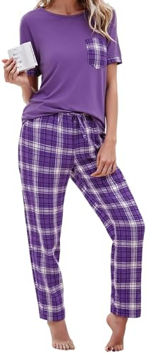Litherday Ensemble de Pyjama Femme Coton Haut avec Poche à Manches Courtes + Bas de Pyjama à Carreaux Vêtement d'Intérieur Violet XXL