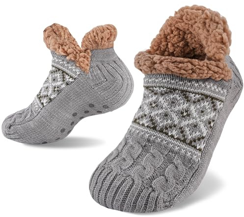 Niorasen Slipper Socks for Men Women, Thick & Soft Thermal Socks with Non-Slip Grippers Cozy Bed Socks Christmas Reindeer Design, Size 5-11