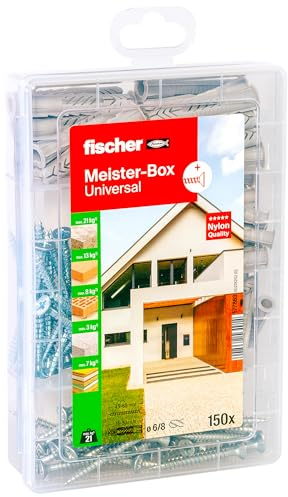 Fischer Meister-Box Universal 150-Piece Dowel and Screw Set, 6-8 mm Diameter, 35-50 mm Length, for DIY and Professionals, Ideal for The Whole House, Universal Dowel UX with Rim