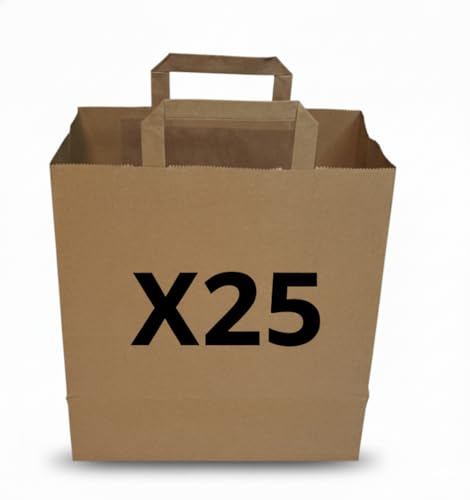 Sacs Papier Kraft Brun Alimentaires 26×14×29 cm – Lot de 25 – Poignées Plates, Grand Format, Résistants & Recyclables – Cabas Boutique, Cadeaux, Restauration à Emporter