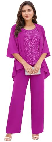 3 Pieces Mother of The Bride Pant Suits Sequins Chiffon Pantsuit with Jacket for Evening Wedding Guest Outfit Plus Size Fuchsia
