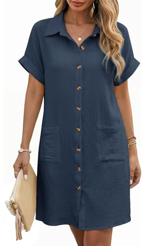 PASUDA Abito Estivo Donna Vestiti Camicia con Bottoni Vestito Scollo a V Maniche Corte Casual Elegante Abiti Comodo Cotton Larghi Copricostume Spiaggia Mare con Tasche(Blu Navy,S)