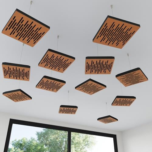 Pack de 4 mini paneles acústicos colgantes para techo | Absorbente acústico 3D HDF con kit de suspensión | Decoración acústica para techo | 25 × 25 cm | Color: [Cerezo | WAVE-Mini]