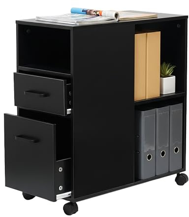 Relaxdays Conteneur à roulettes avec 2 tiroirs et 3 niches, MDF, 65x30x60 cm, Meuble de Bureau Noir